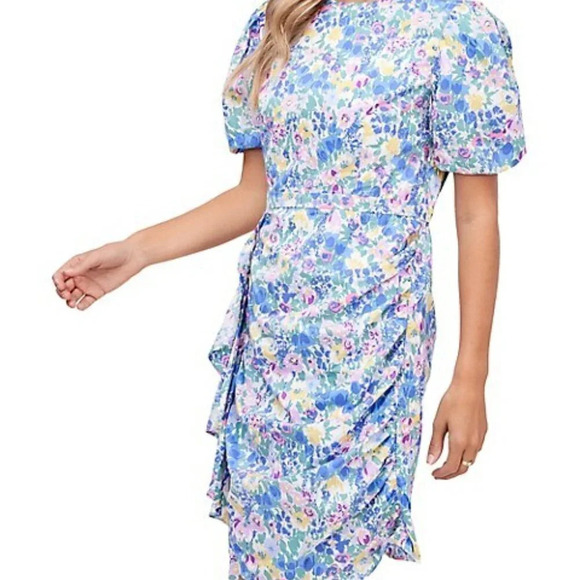 En Saison Ruched Floral Puff Sleeve Mini Day Dress Sz Small - Picture 3 of 8